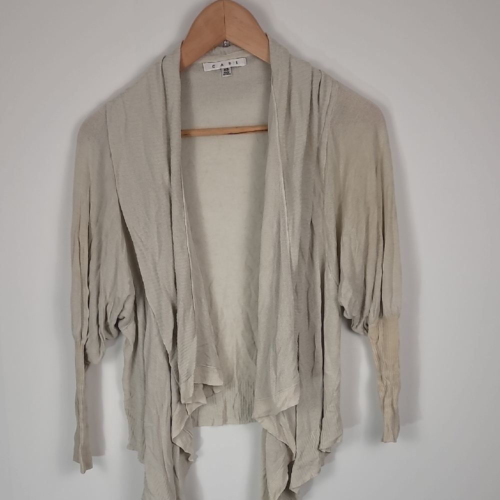 CAbi Light Beige Linen Blend Open-Front Sweater